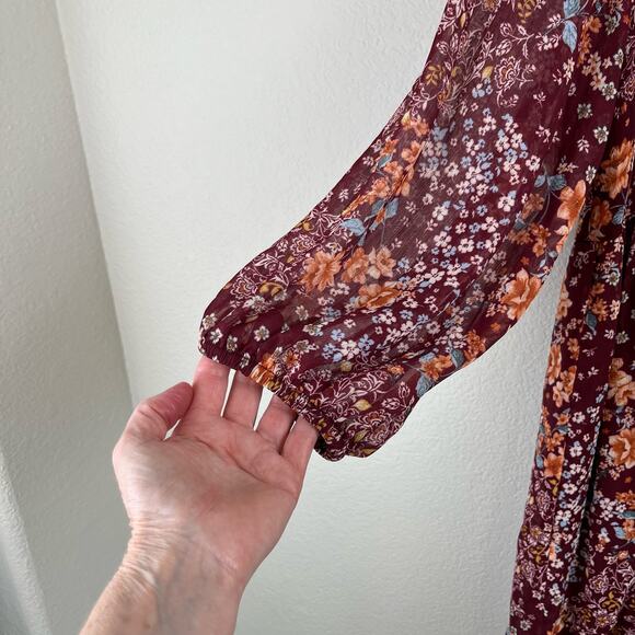 Sandra Darren Burgundy Floral Balloon Sleeve V-Neck Babydoll Mini Dress 6 NWT - Picture 8 of 15